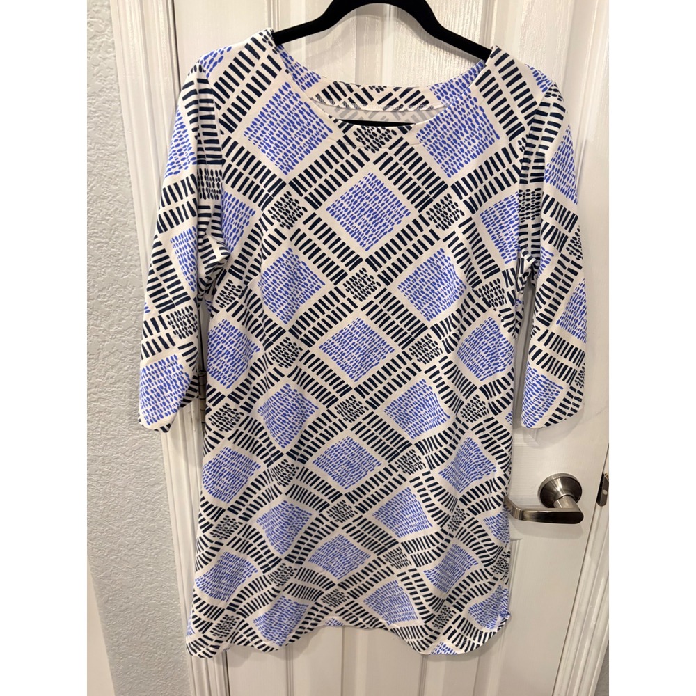 Mahi Gold Shift Dress Blue Navy Geometric Diamond 3/4 Sleeve Coastal Preppy XL